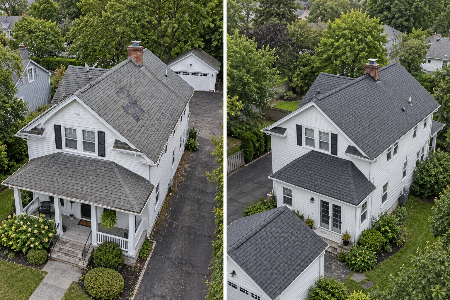 After repair illustration: drone view of a New Jersey-style home and shingle roof