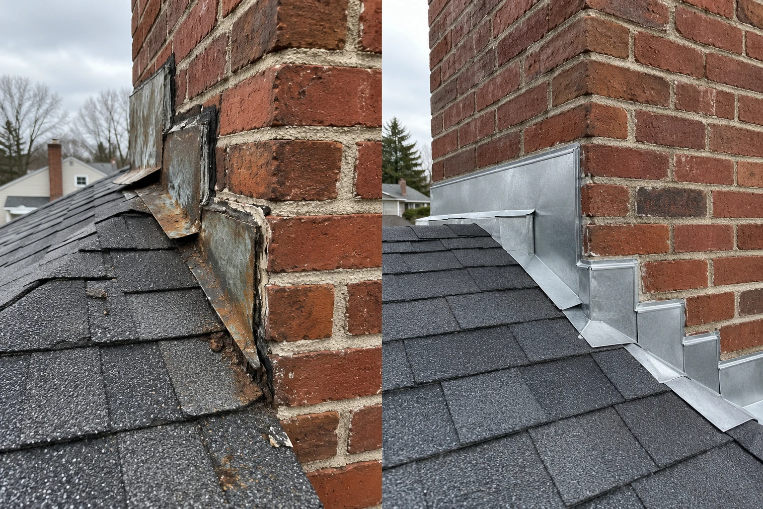 After repair illustration: chimney flashing and asphalt shingle detail